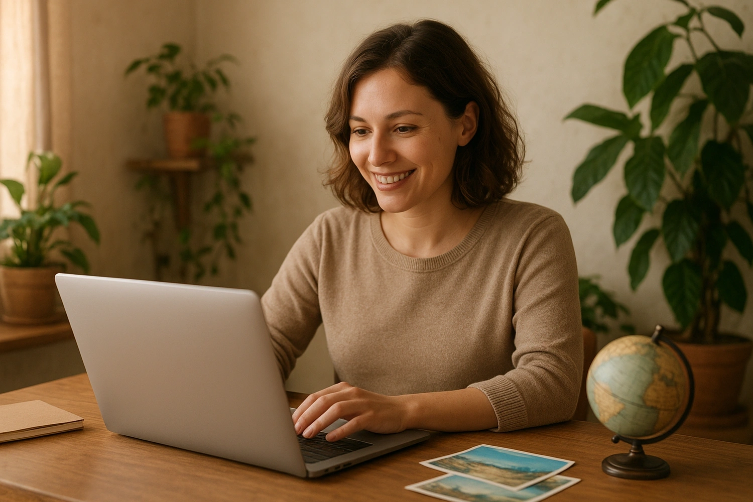 Friendly support teammate replying to a traveler from a cozy workspace