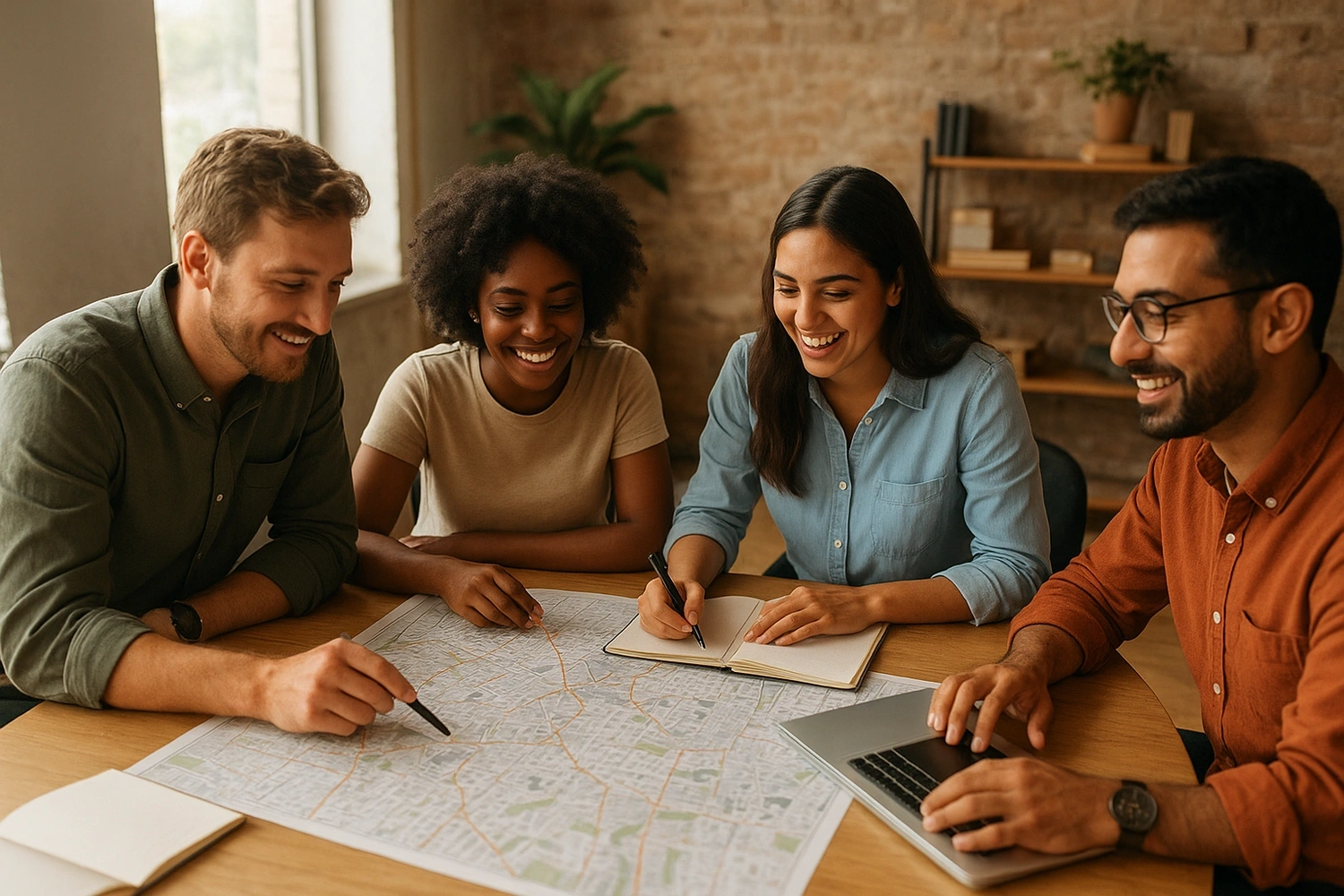 Team collaborating on travel ideas at a whiteboard