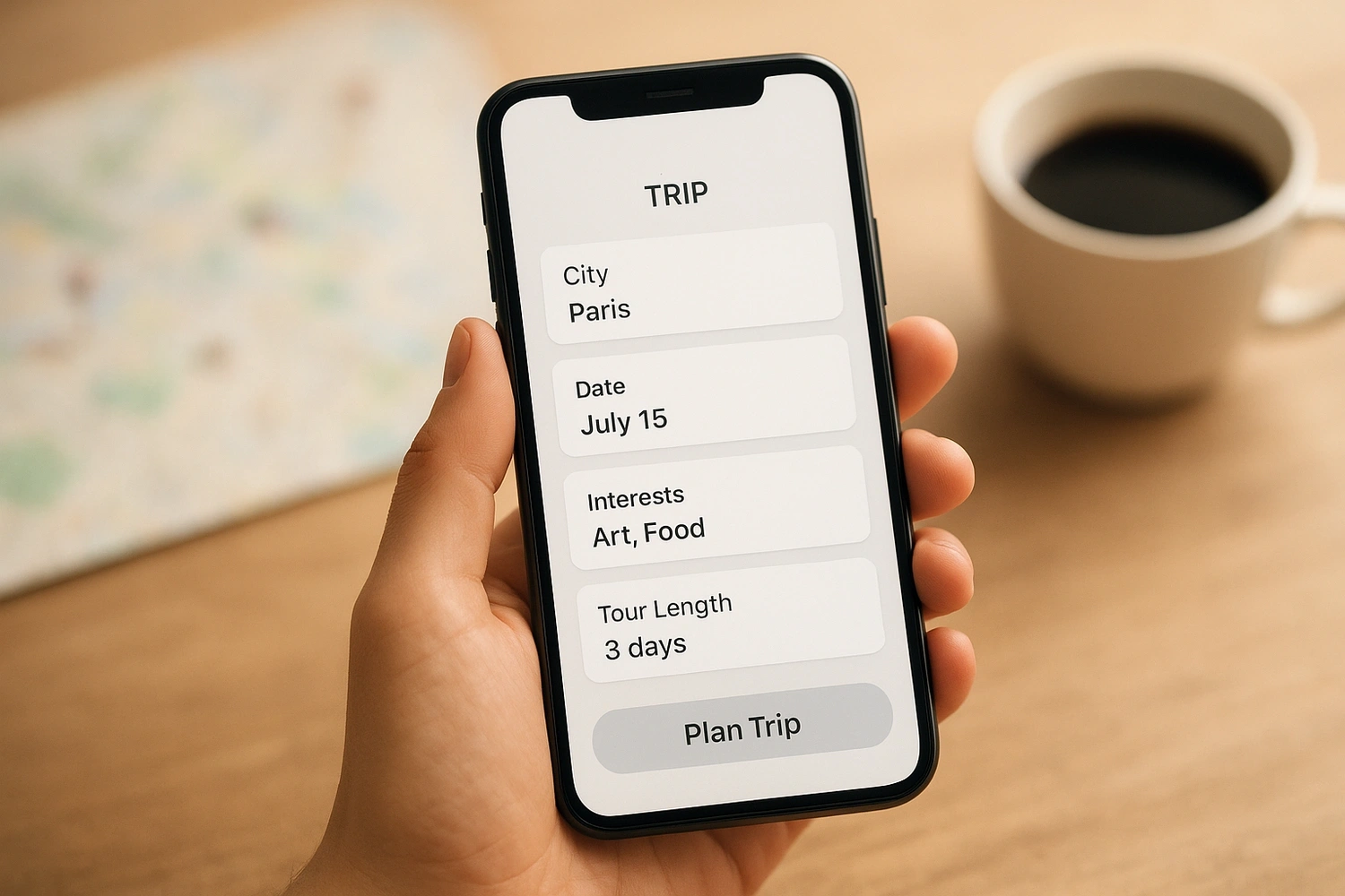 Hand making a few selections on a phone to create a personalized tour in minutes