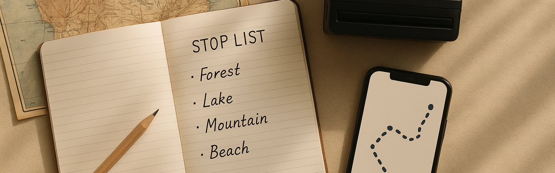 Flat-lay of a map, notebook, and phone showing a glowing dotted route ready for planning